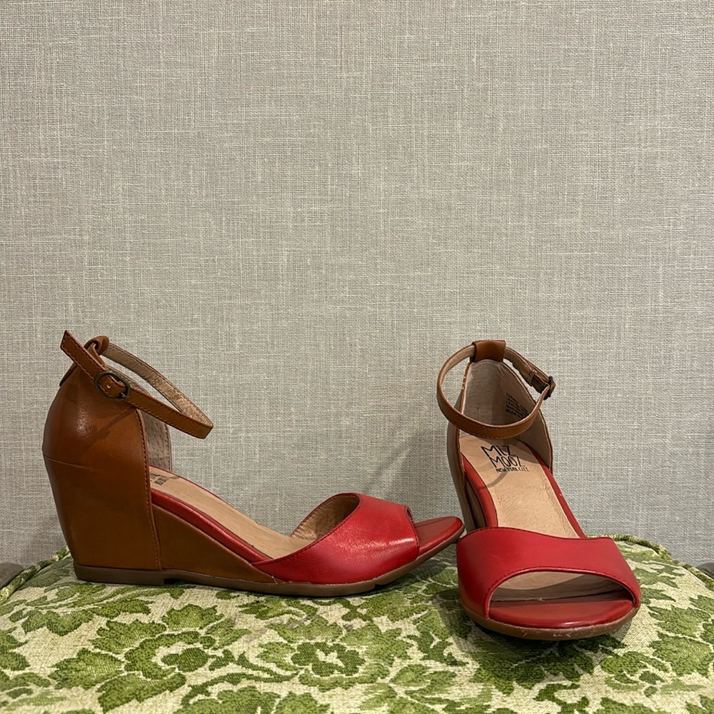 Miz Mooz Red and Brown Leather Wedge Sandals